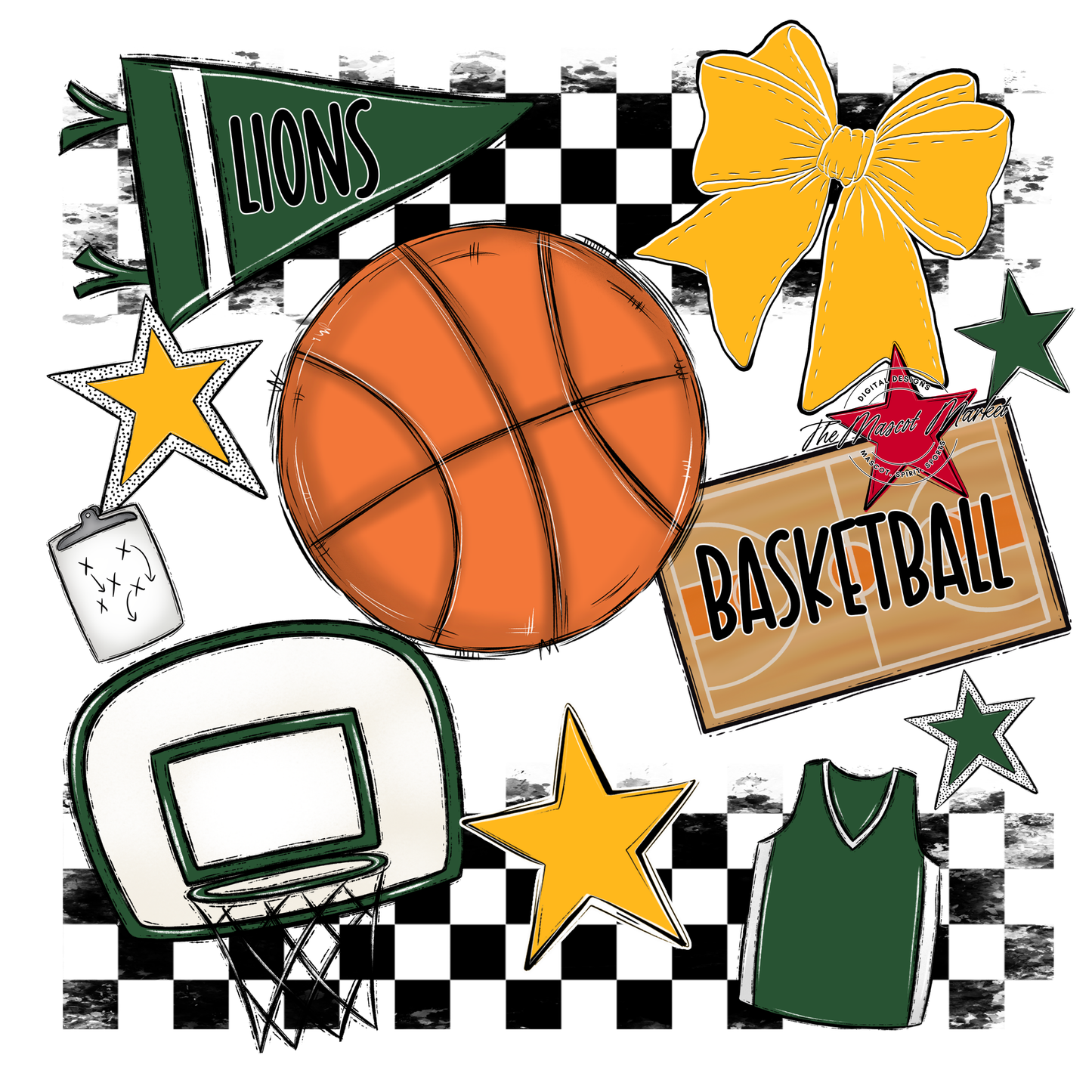 Lions Checkers Basketball Spirit Design-Green-Yellow