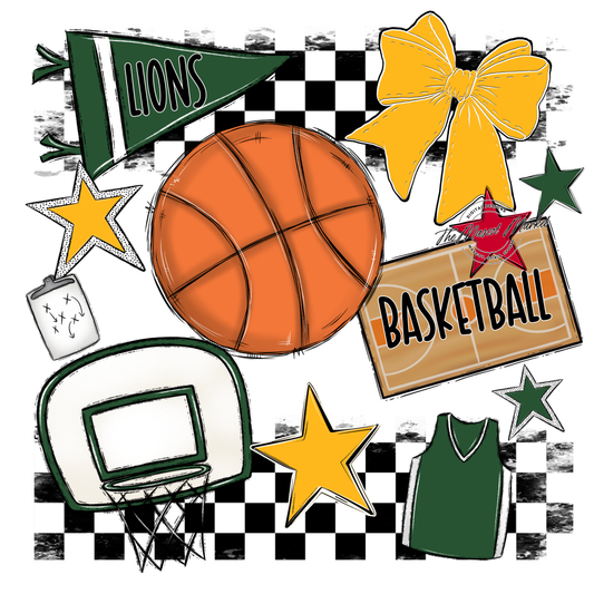 Lions Checkers Basketball Spirit Design-Green-Yellow