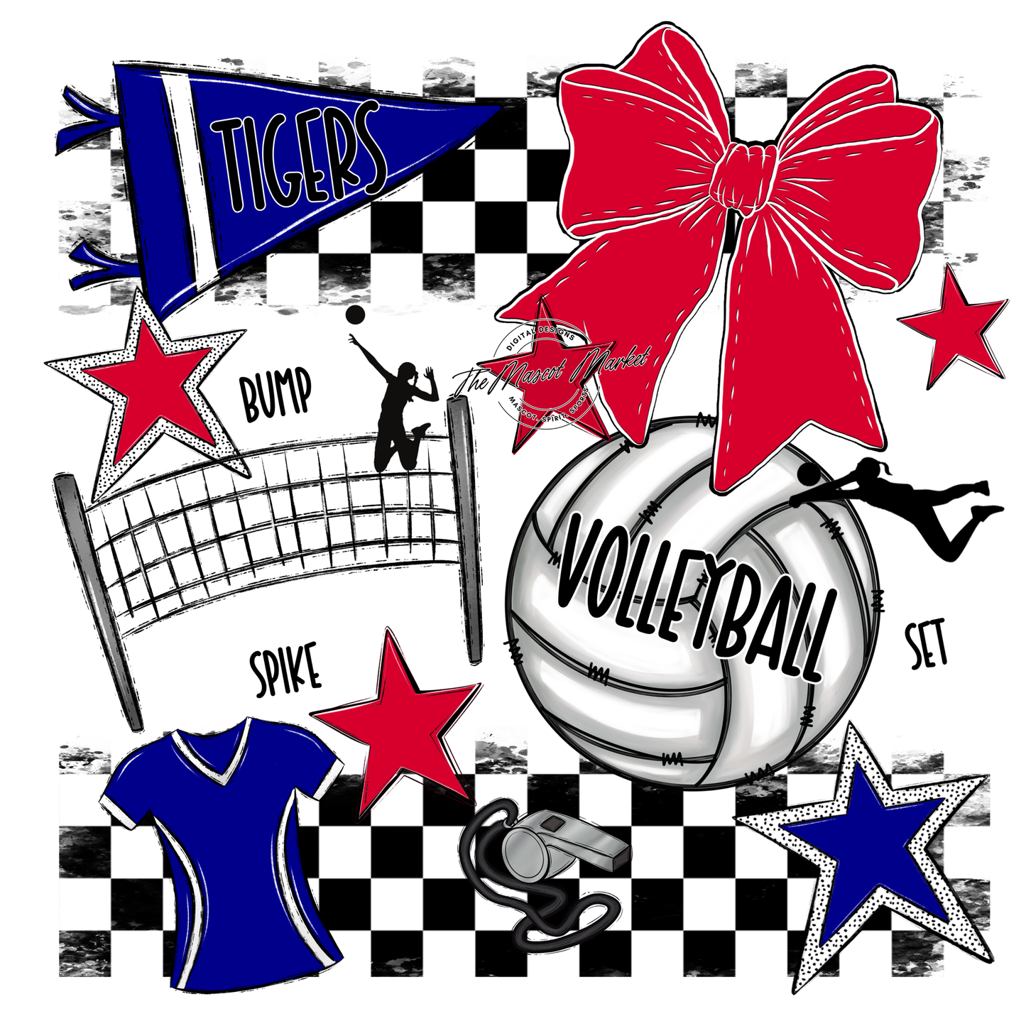 Tigers Checkers Volleyball Spirit Design-Blue-Red