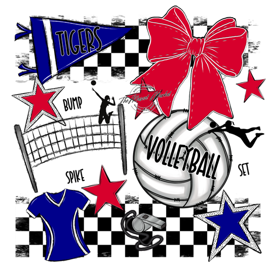 Tigers Checkers Volleyball Spirit Design-Blue-Red