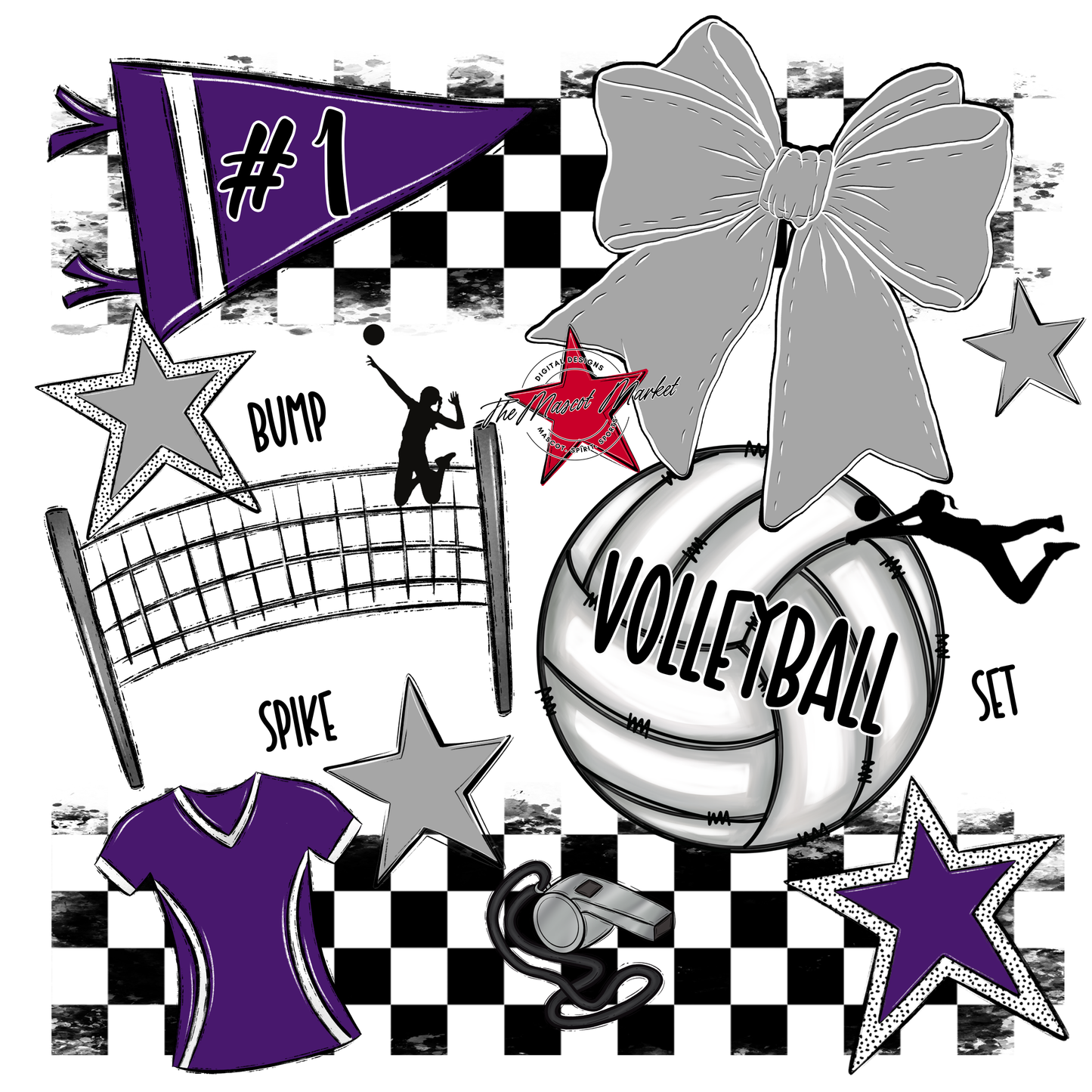 Volleyball Checkers Spirit Design-Purple-Grey