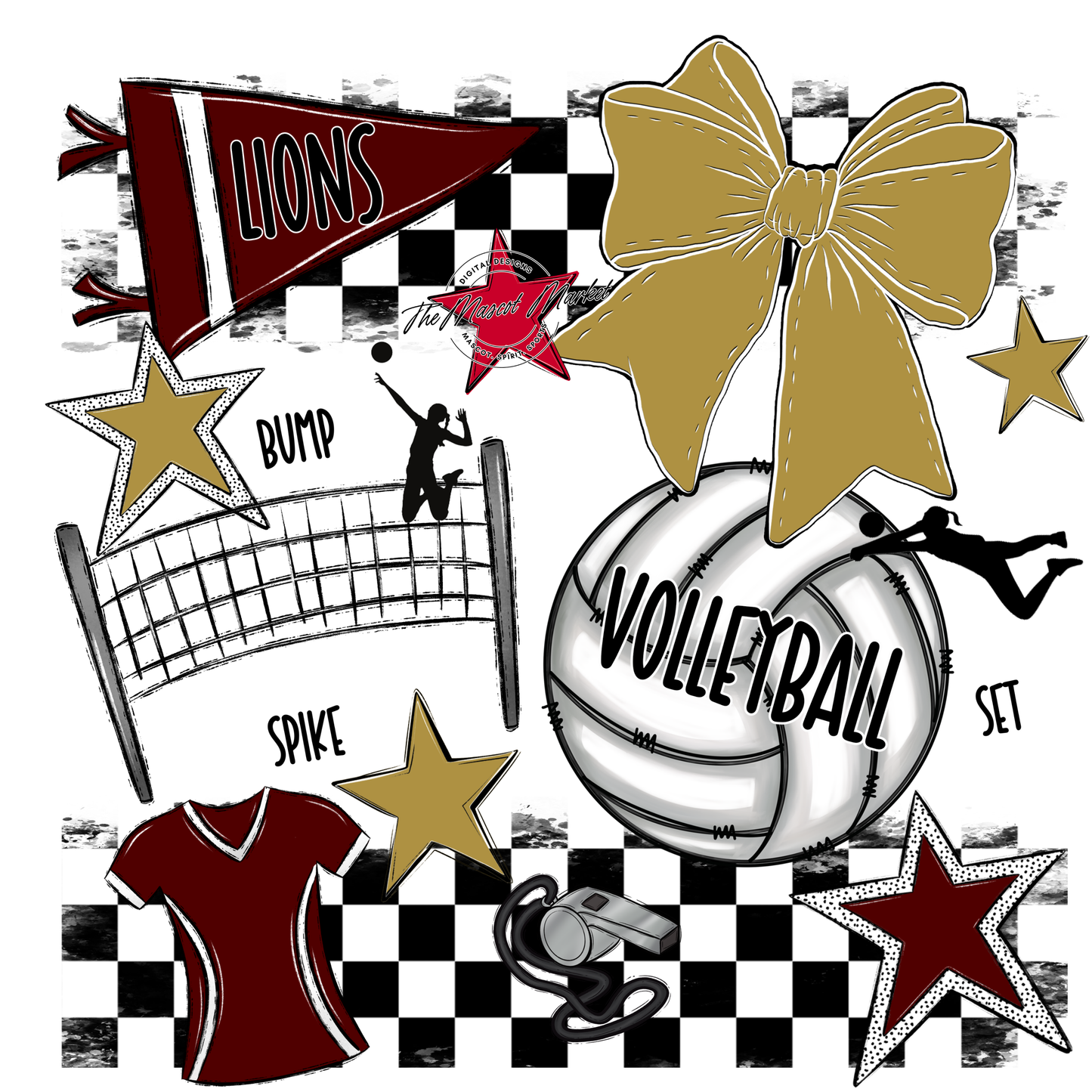Lions Checkers Volleyball Spirit Design-Maroon-Gold