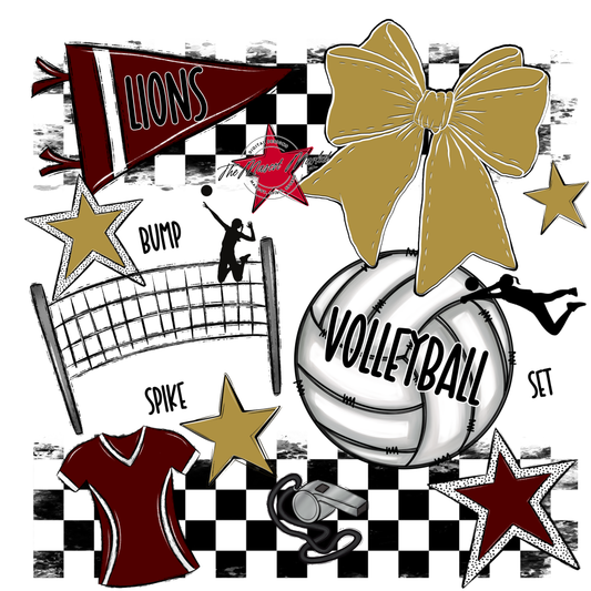 Lions Checkers Volleyball Spirit Design-Maroon-Gold