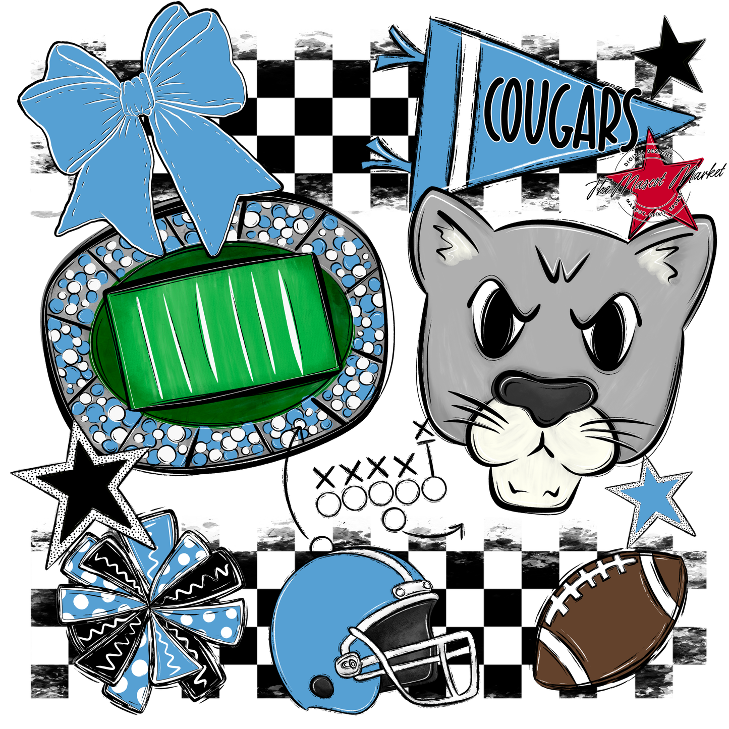 Cougars Checkers Mascot Spirit Design-Carolina Blue