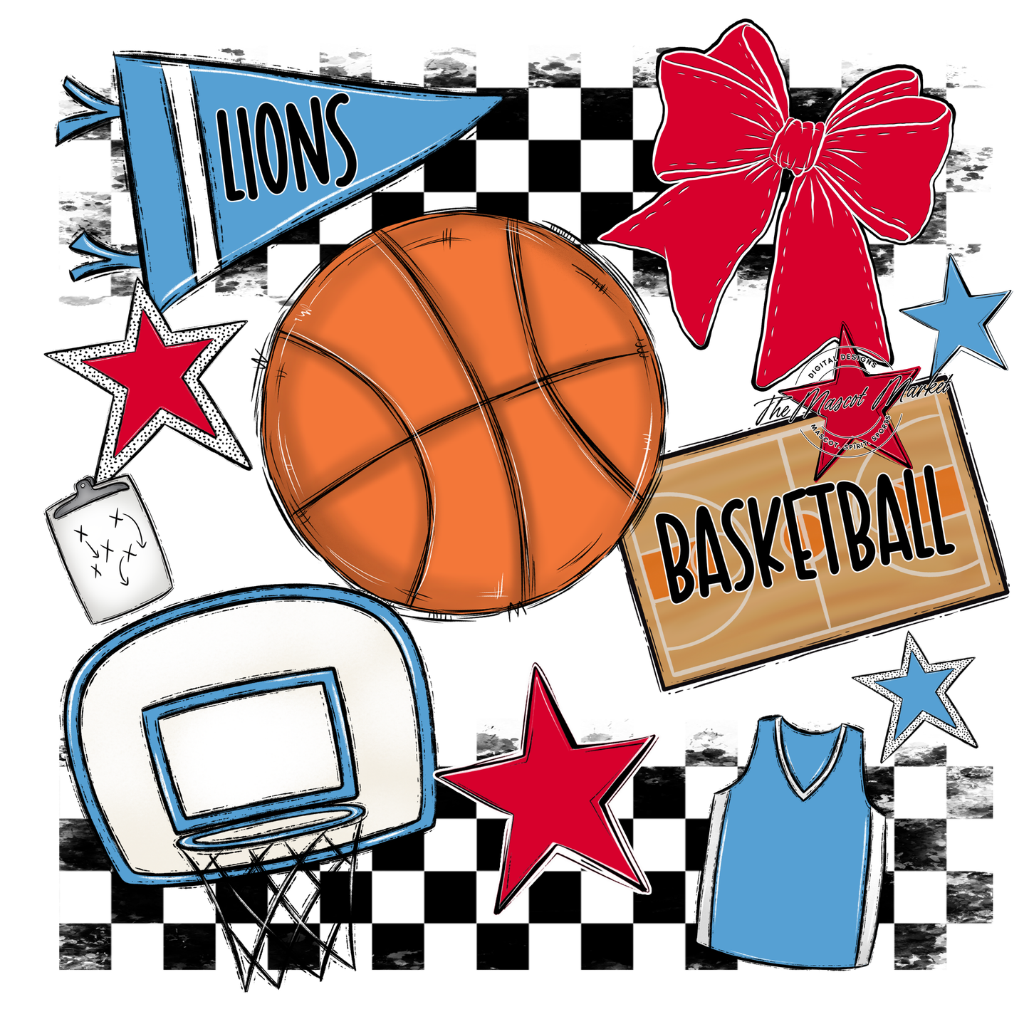 Lions Checkers Basketball Spirit Design-Carolina Blue-Red