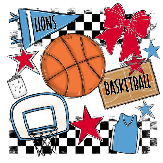 Lions Checkers Basketball Spirit Design-Carolina Blue-Red