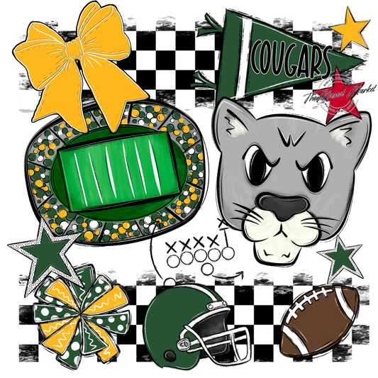 Cougars Checkers Mascot Spirit Design-Green-Yellow