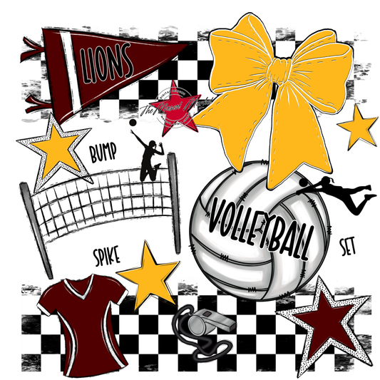 Lions Checkers Volleyball Spirit Design-Maroon-Yellow