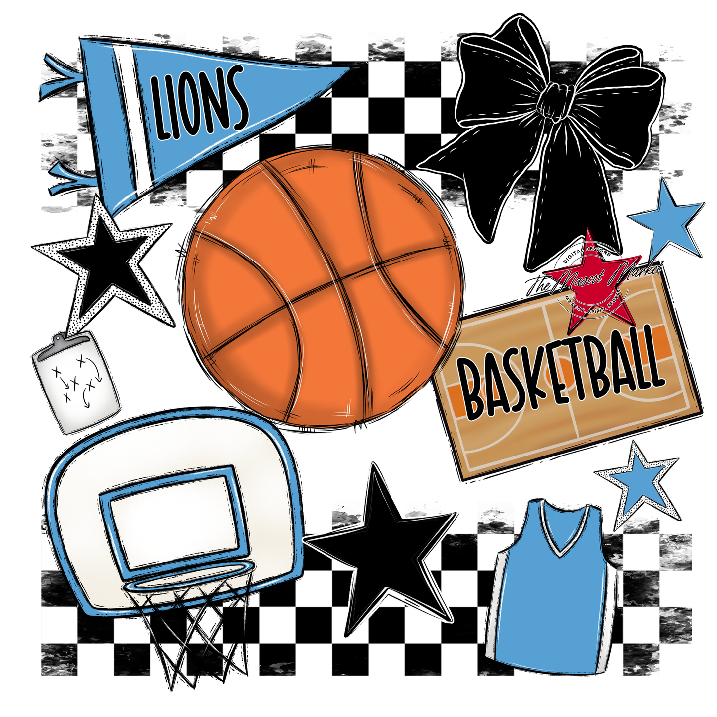Lions Checkers Basketball Spirit Design-Carolina Blue