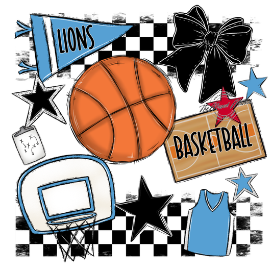 Lions Checkers Basketball Spirit Design-Carolina Blue