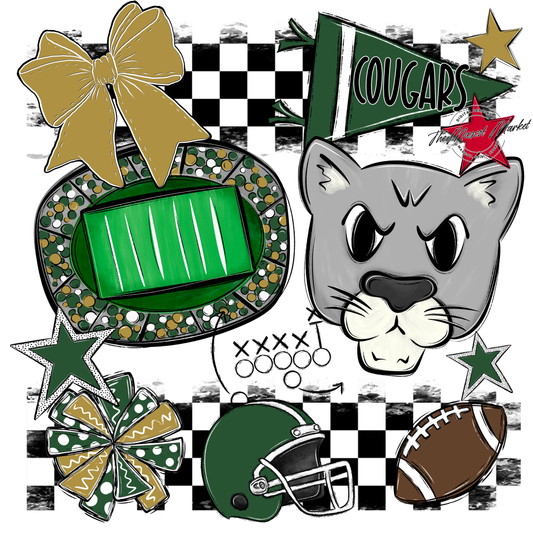 Cougars Checkers Mascot Spirit Design-Green-Gold