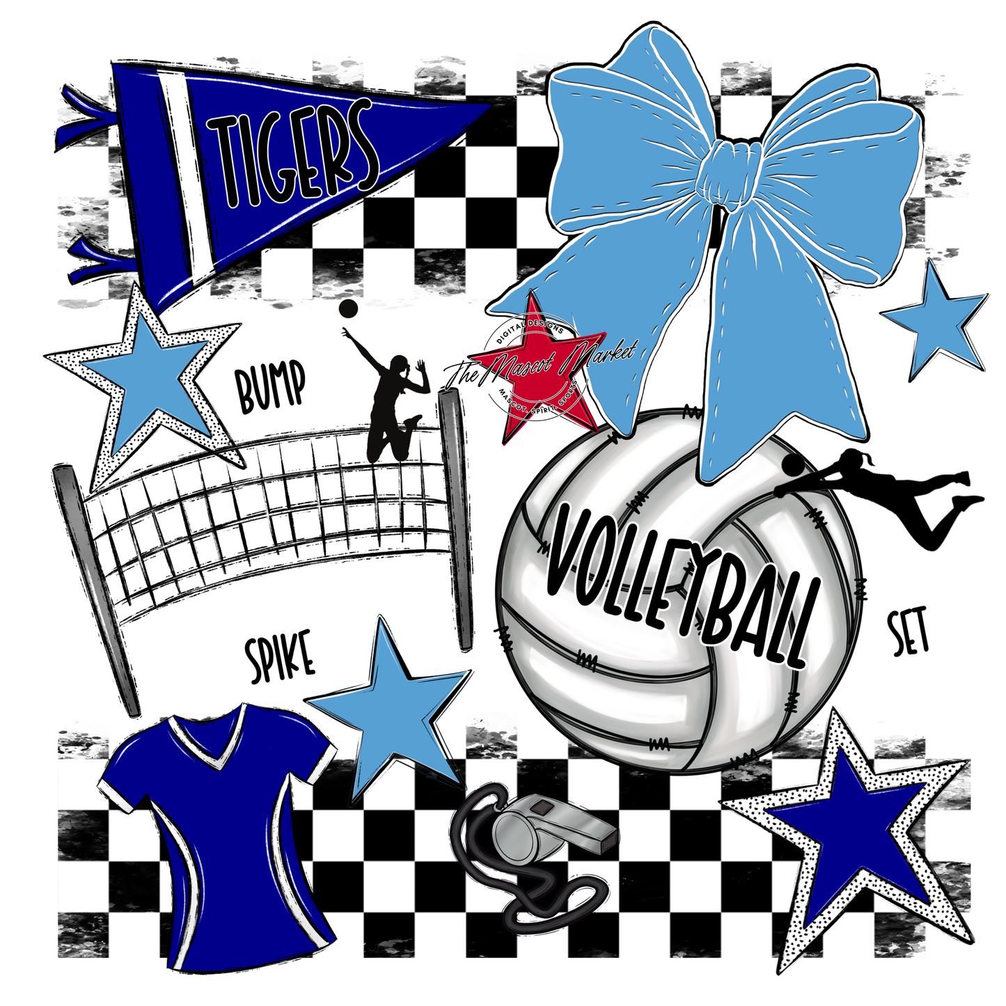 Tigers Checkers Volleyball Spirit Design-Blue-Carolina Blue