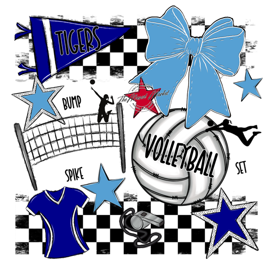 Tigers Checkers Volleyball Spirit Design-Blue-Carolina Blue