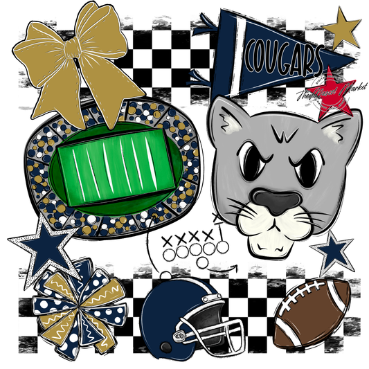 Cougars Checkers Mascot Spirit Design-Navy-Gold