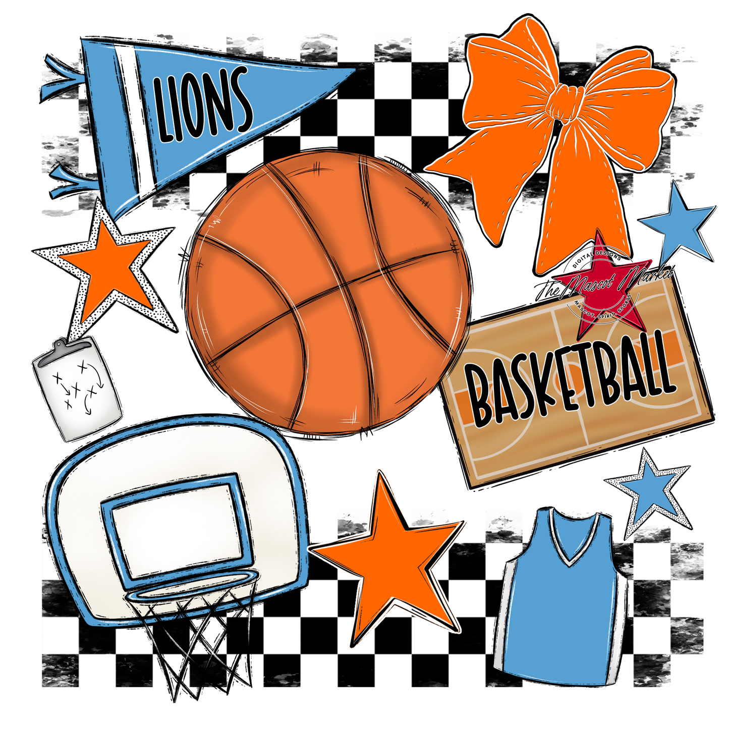 Lions Checkers Basketball Spirit Design-Carolina Blue-Orange