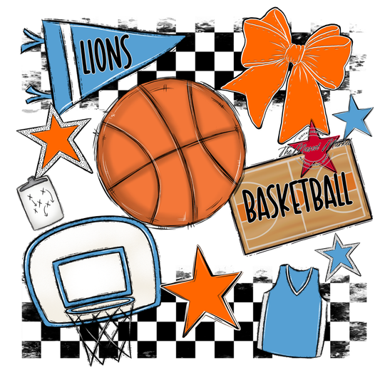 Lions Checkers Basketball Spirit Design-Carolina Blue-Orange