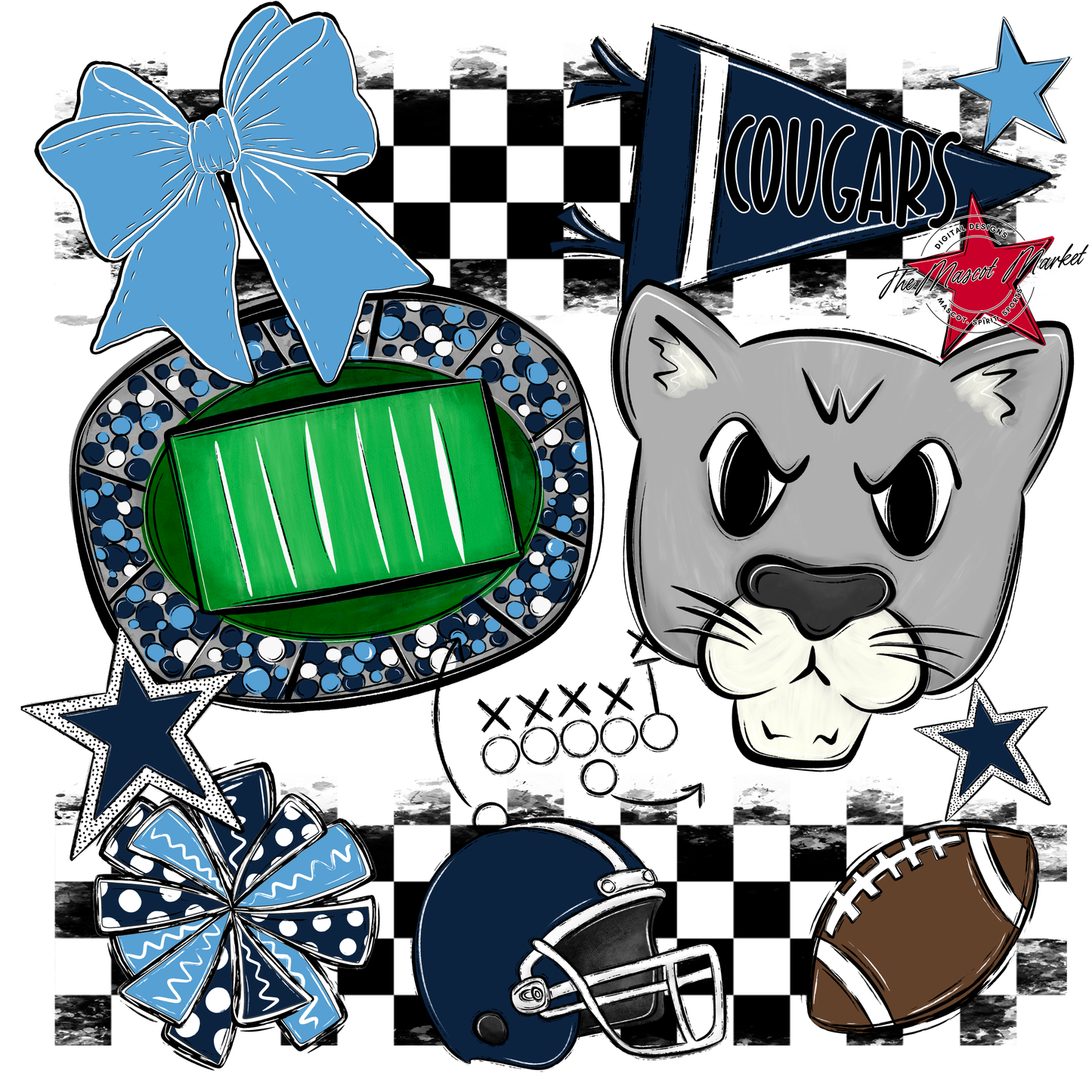 Cougars Checkers Mascot Spirit Design-Navy-Carolina Blue