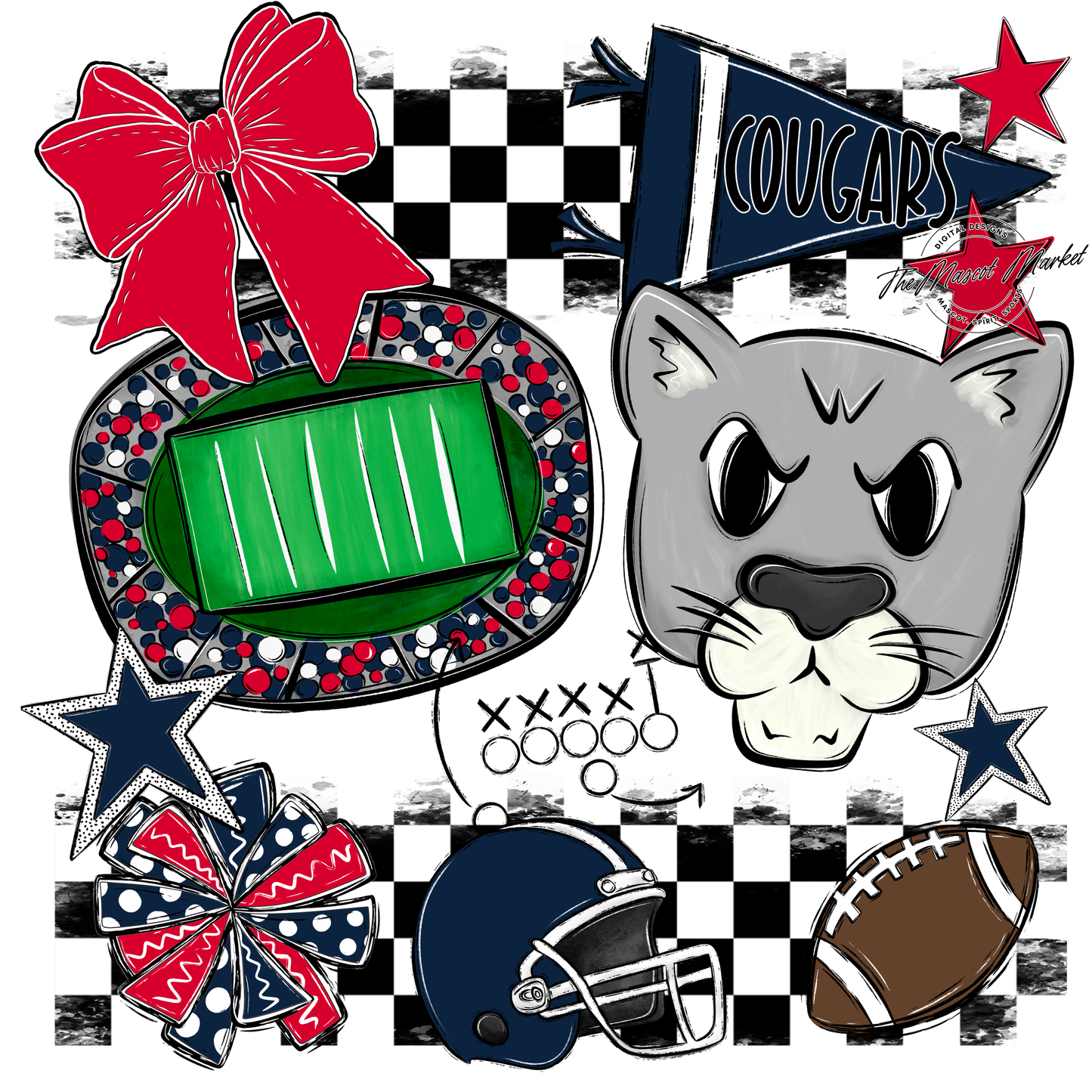 Cougars Checkers Mascot Spirit Design-Navy-Red