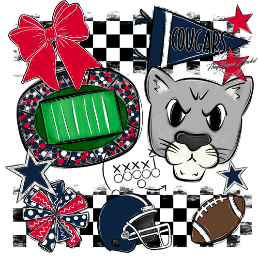 Cougars Checkers Mascot Spirit Design-Navy-Red