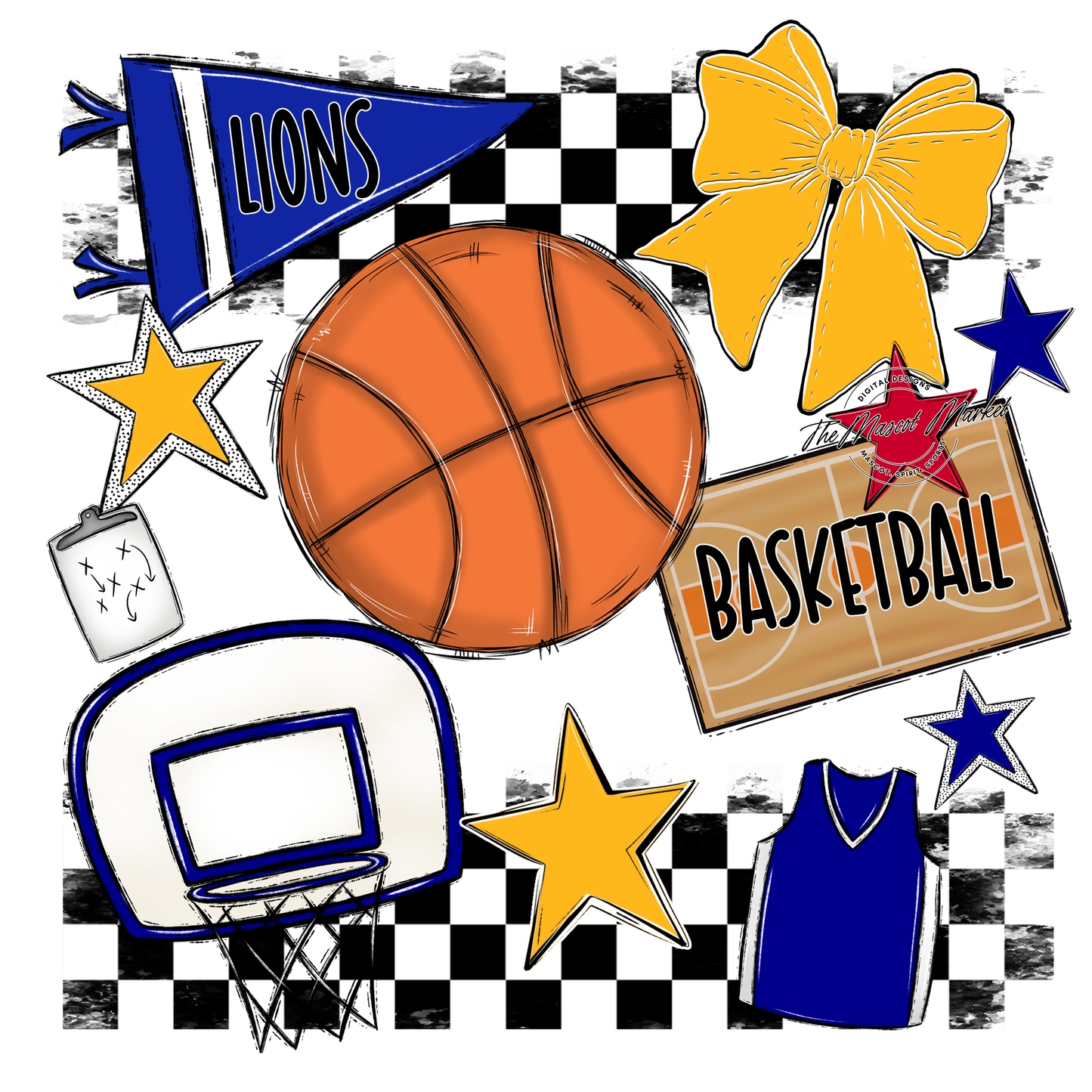 Lions Checkers Basketball Spirit Design-Blue-Yellow