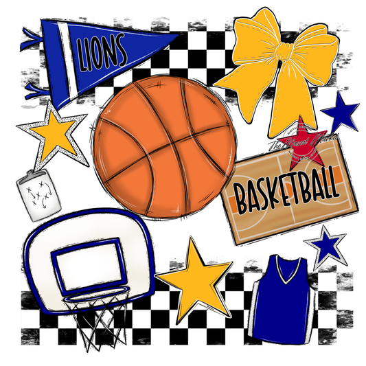 Lions Checkers Basketball Spirit Design-Blue-Yellow