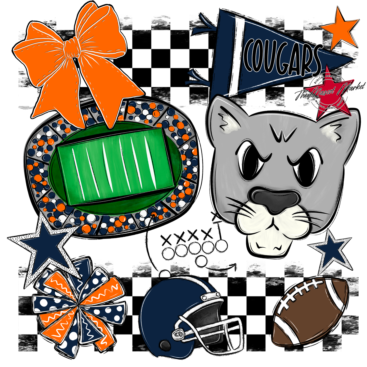 Cougars Checkers Mascot Spirit Design-Navy-Orange