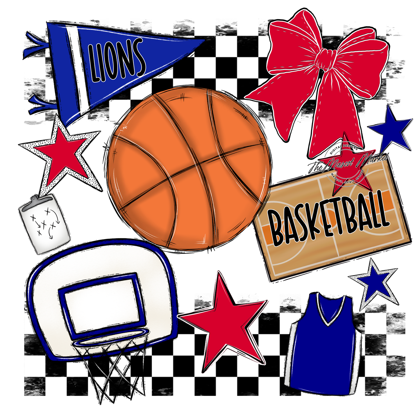 Lions Checkers Basketball Spirit Design-Blue-Red