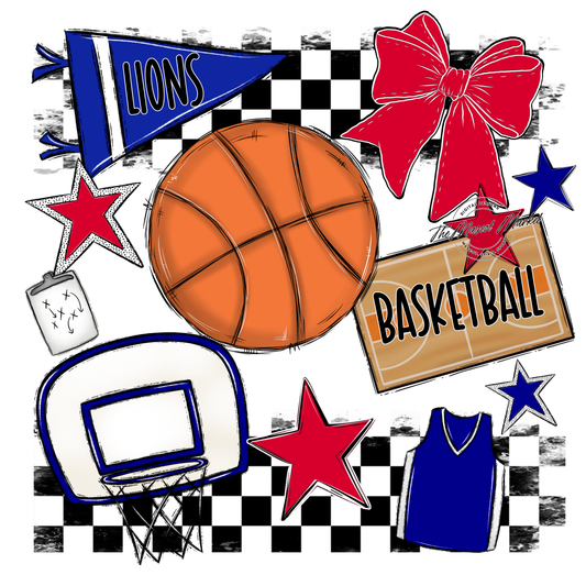 Lions Checkers Basketball Spirit Design-Blue-Red