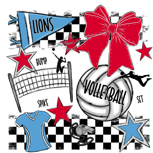 Lions Checkers Volleyball Spirit Design-Carolina Blue-Red