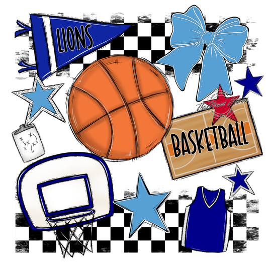 Lions Checkers Basketball Spirit Design-Blue-Carolina Blue