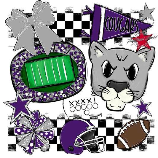 Cougars Checkers Mascot Spirit Design-Purple-Grey