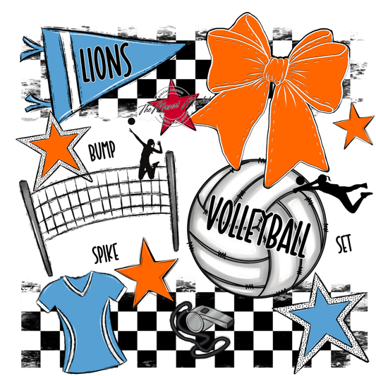 Lions Checkers Volleyball Spirit Design-Carolina Blue-Orange
