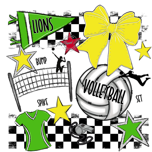 Lions Checkers Volleyball Spirit Design-Bright Green-Bright Yellow