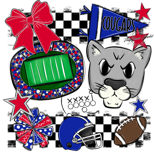 Cougars Checkers Mascot Spirit Design-Royal Blue-Red