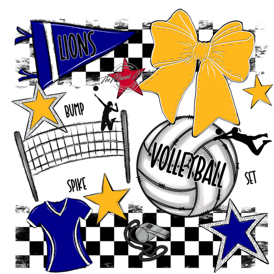 Lions Checkers Volleyball Spirit Design-Blue-Yellow