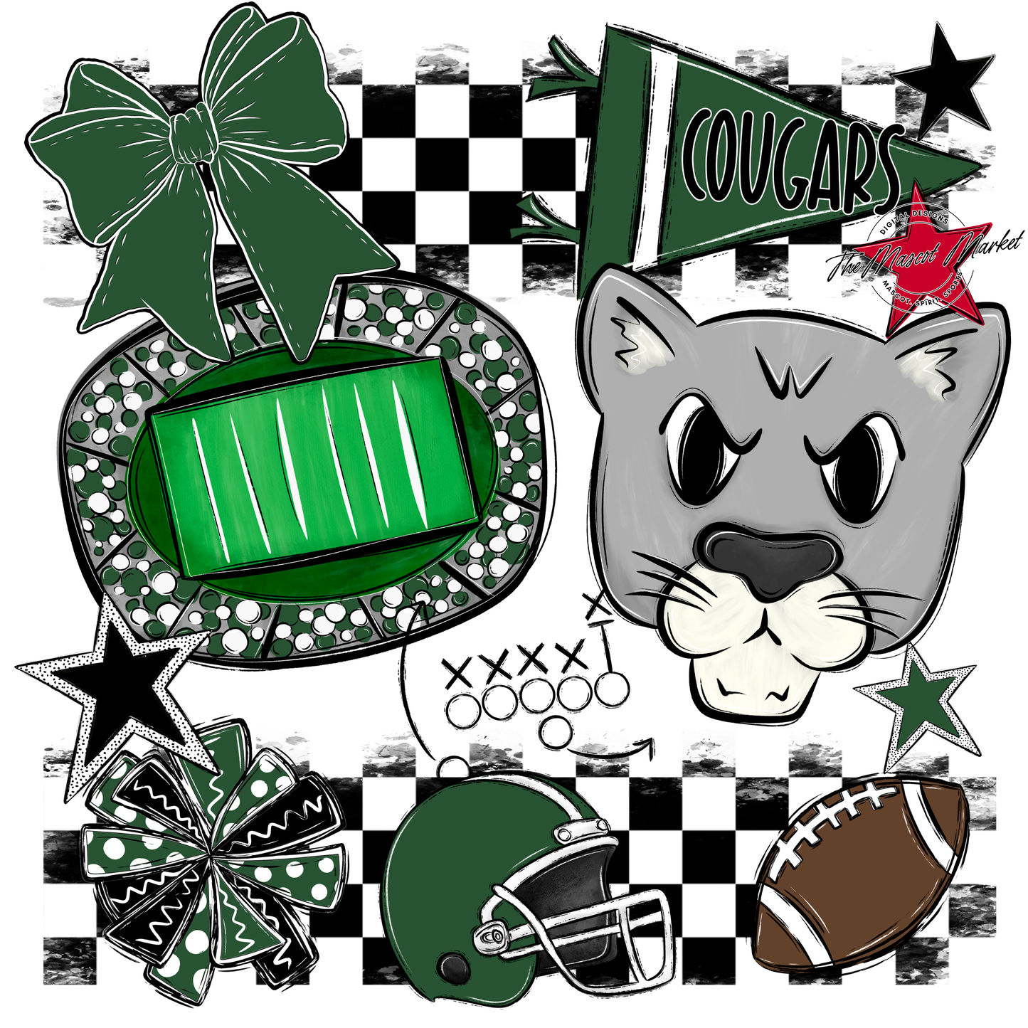 Cougars Checkers Mascot Spirit Design-Green