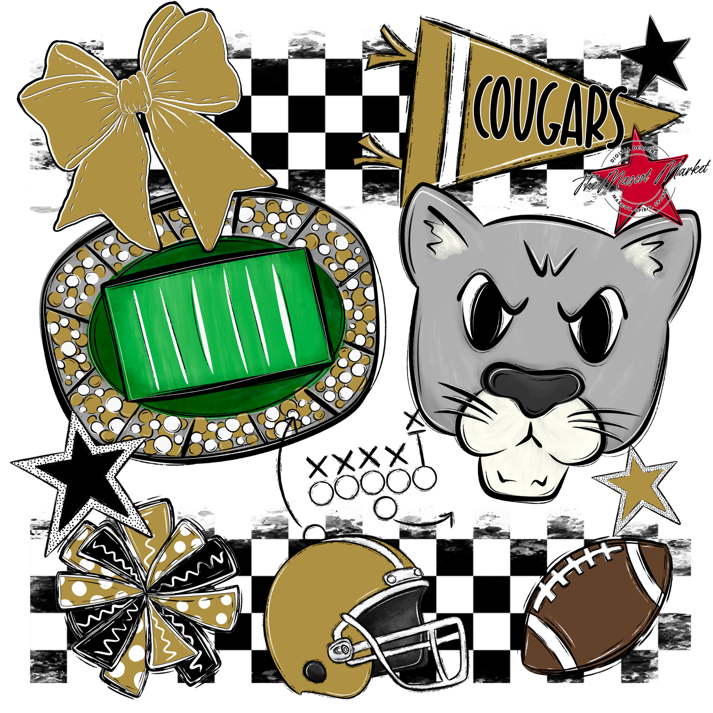 Cougars Checkers Mascot Spirit Design-Gold