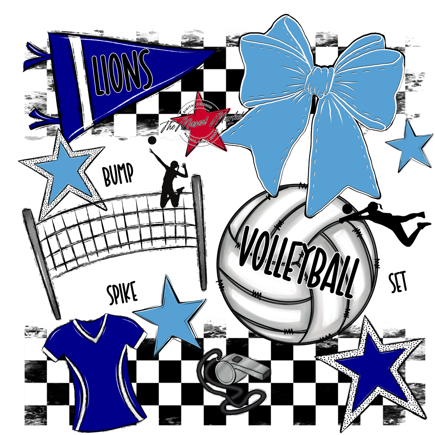 Lions Checkers Volleyball Spirit Design-Blue-Carolina Blue