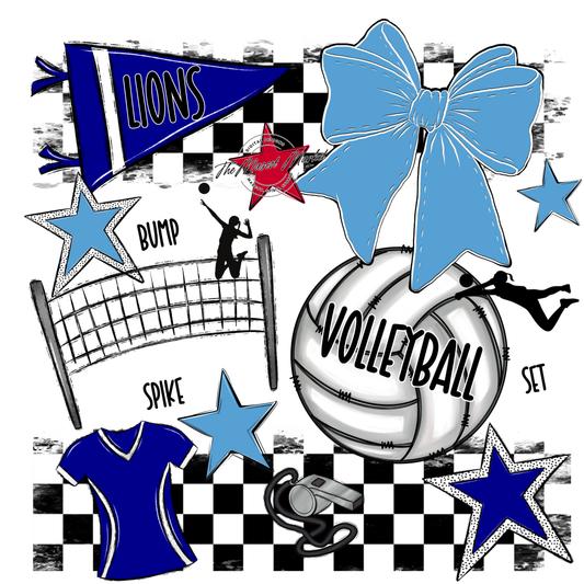 Lions Checkers Volleyball Spirit Design-Blue-Carolina Blue