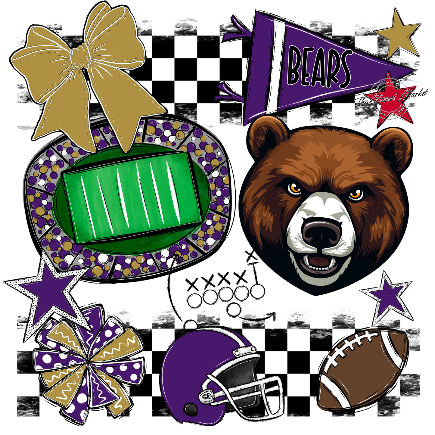 Bears Checker Mascot Spirit Design-Purple-Gold