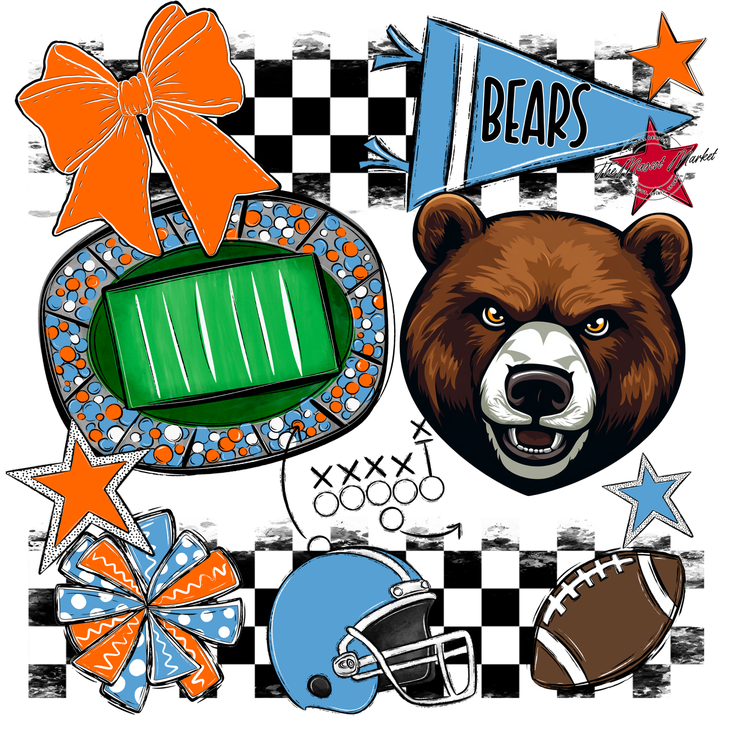 Bears Checker Mascot Spirit Design-Carolina Blue-Orange