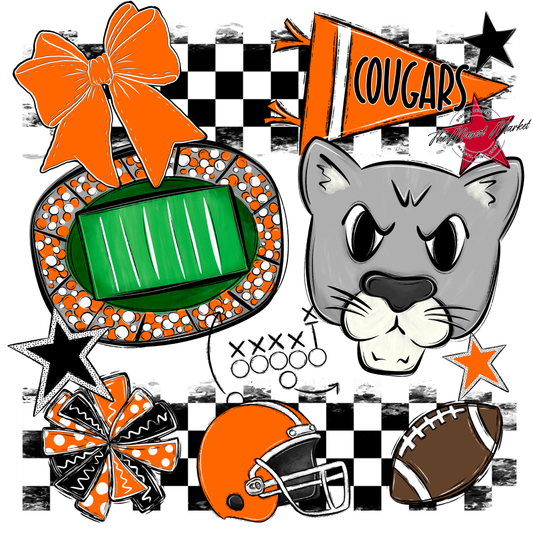 Cougars Checkers Mascot Spirit Design-Orange