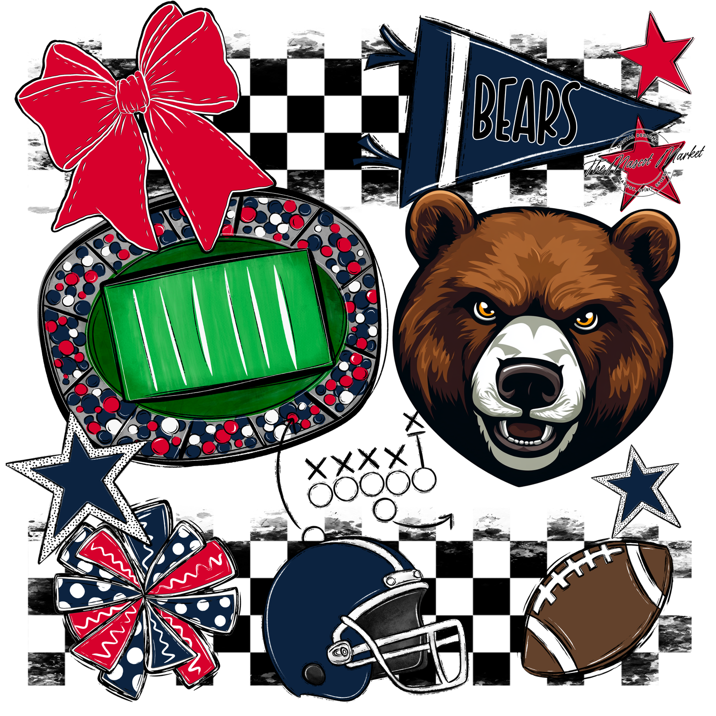 Bears Checker Mascot Spirit Design-Navy-Red