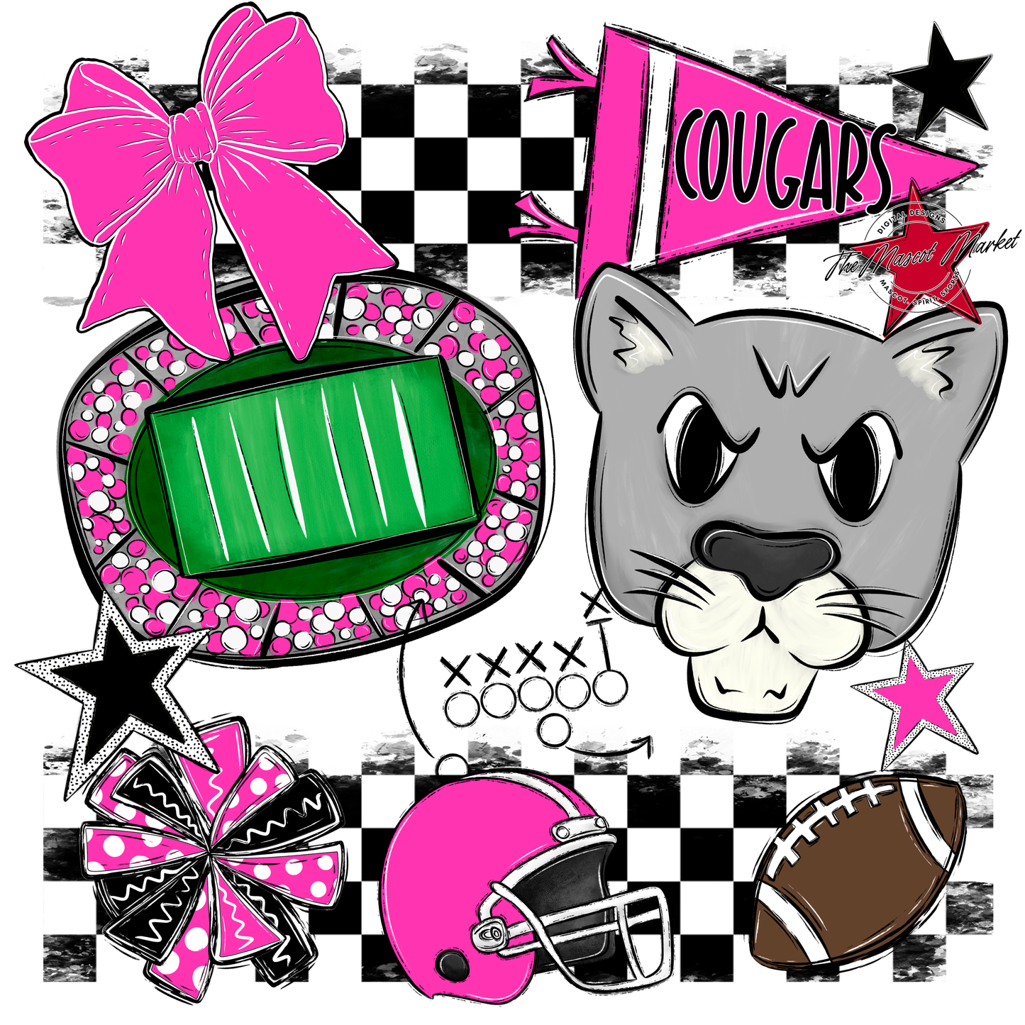 Cougars Checkers Mascot Spirit Design-Pink