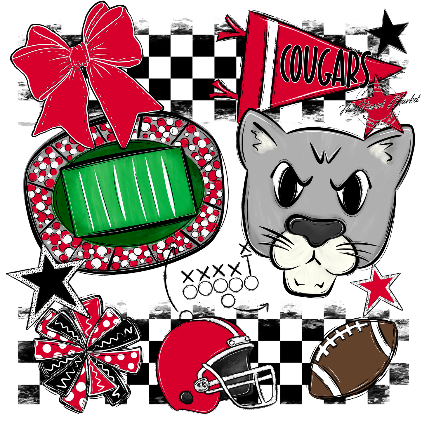 Cougars Checkers Mascot Spirit Design-Red