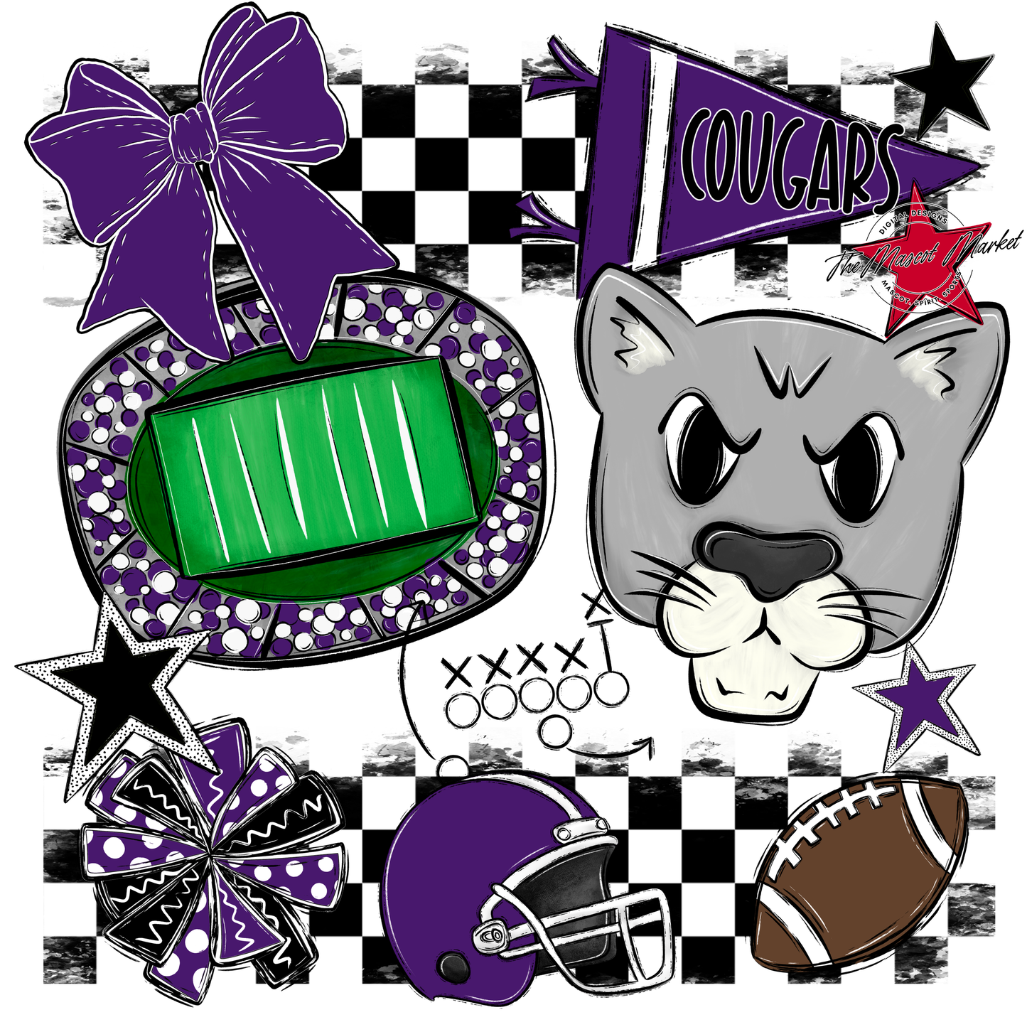 Cougars Checkers Mascot Spirit Design-Purple