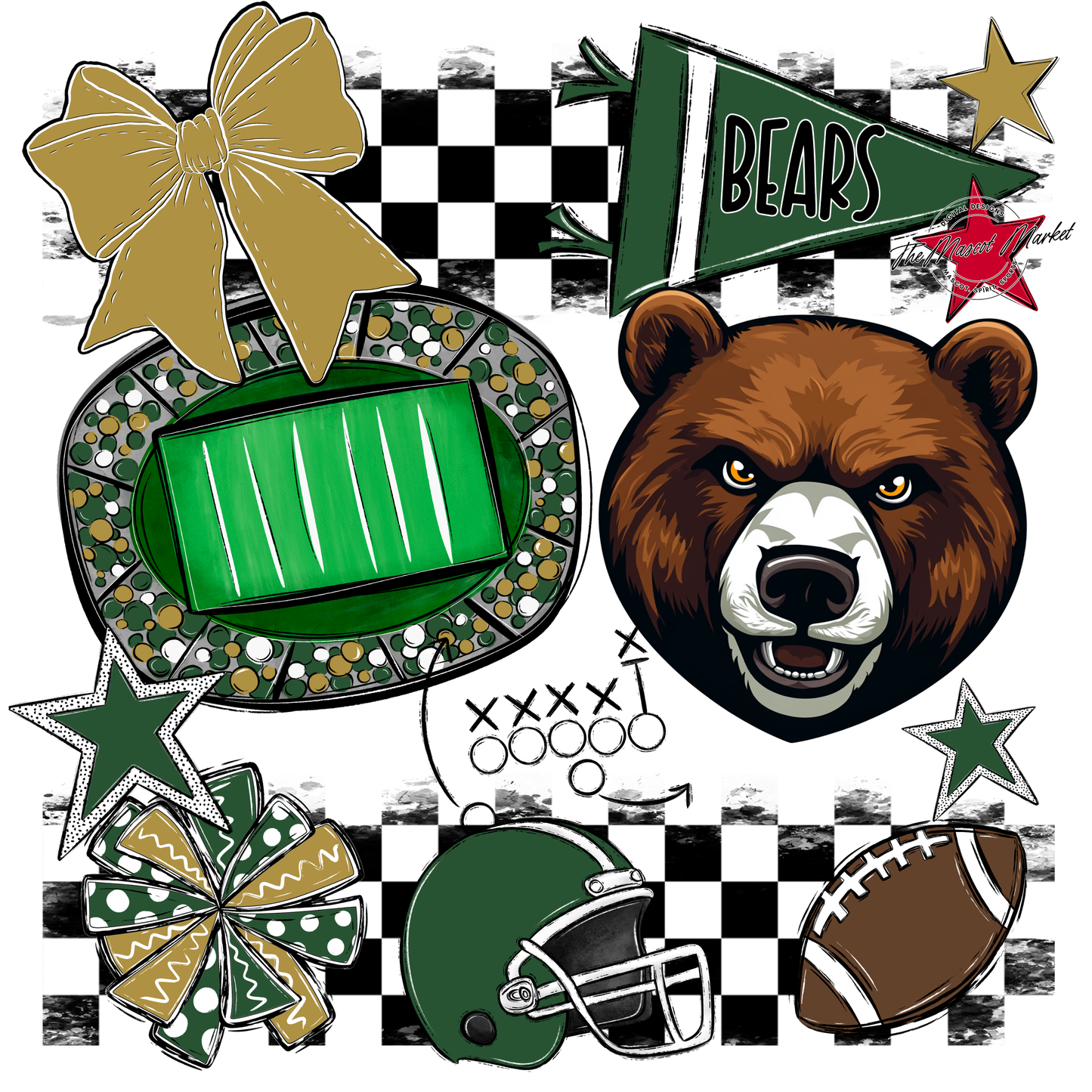 Bears Checker Mascot Spirit Design-Green-Gold