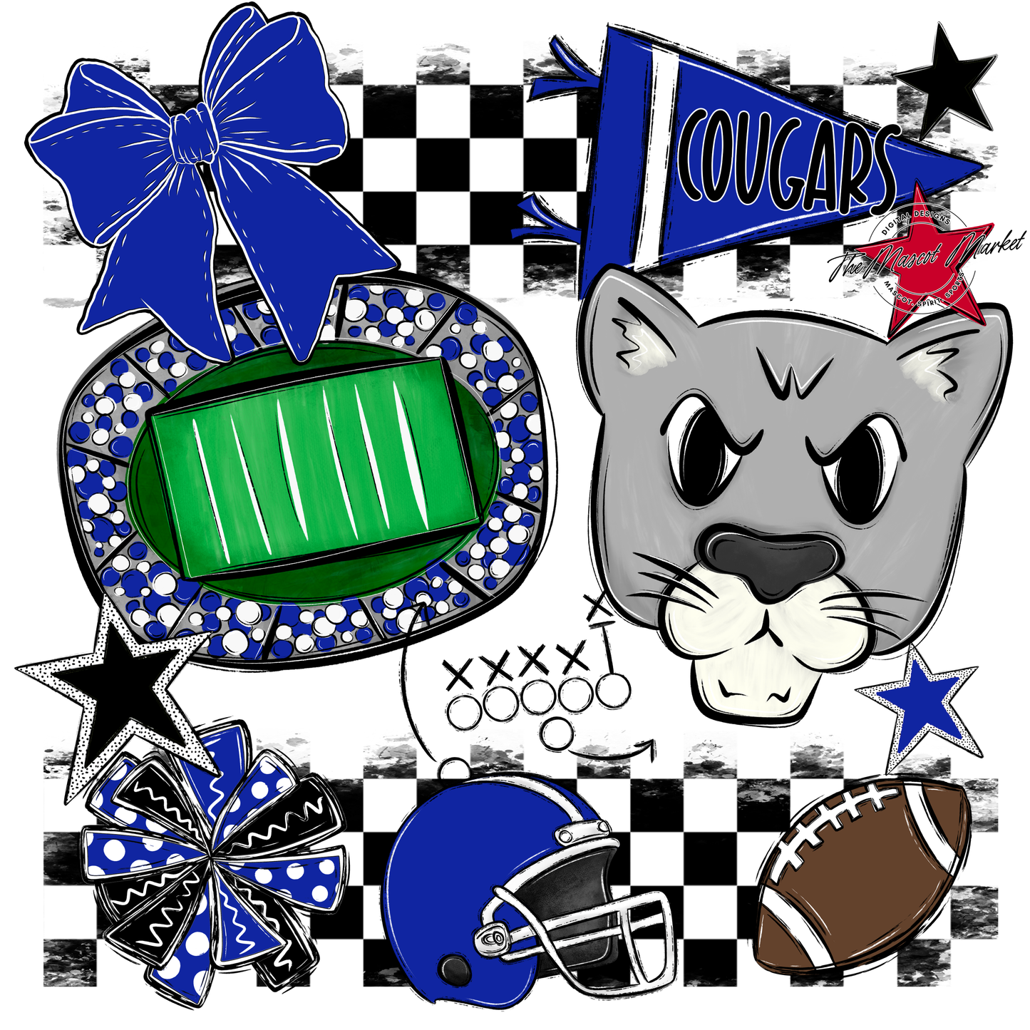 Cougars Checkers Mascot Spirit Design-Royal Blue