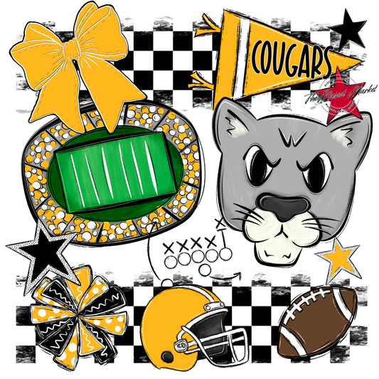 Cougars Checkers Mascot Spirit Design-Yellow