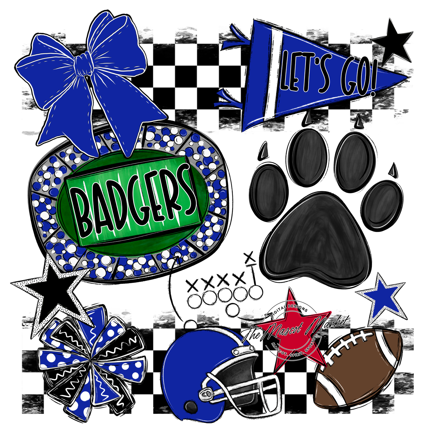 Badgers Checkers Mascot Spirit Design w Paw-Royal Blue